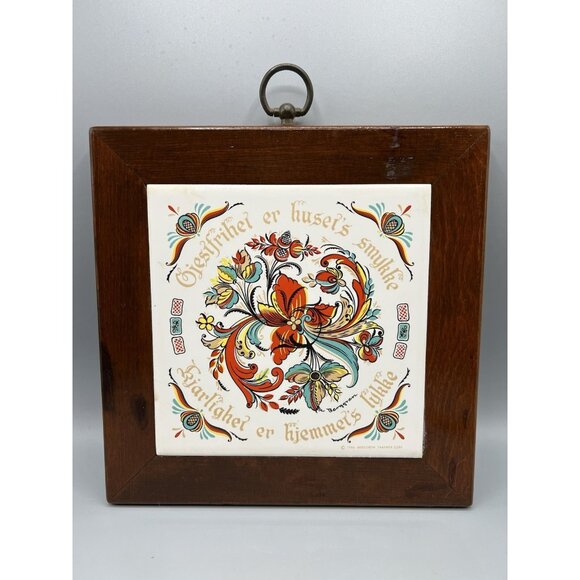 Bergrren Trayner Other - VTG Berggren Trayner Norwegian Wood-Framed Trivet Tile Plaque Rosemaling 1960s